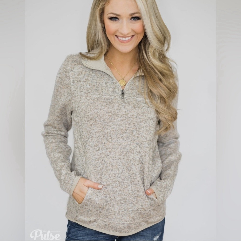 Thread & Supply Women's Small 1/4 Zip‎ Pullover Knit Sweater Oatmeal Pockets